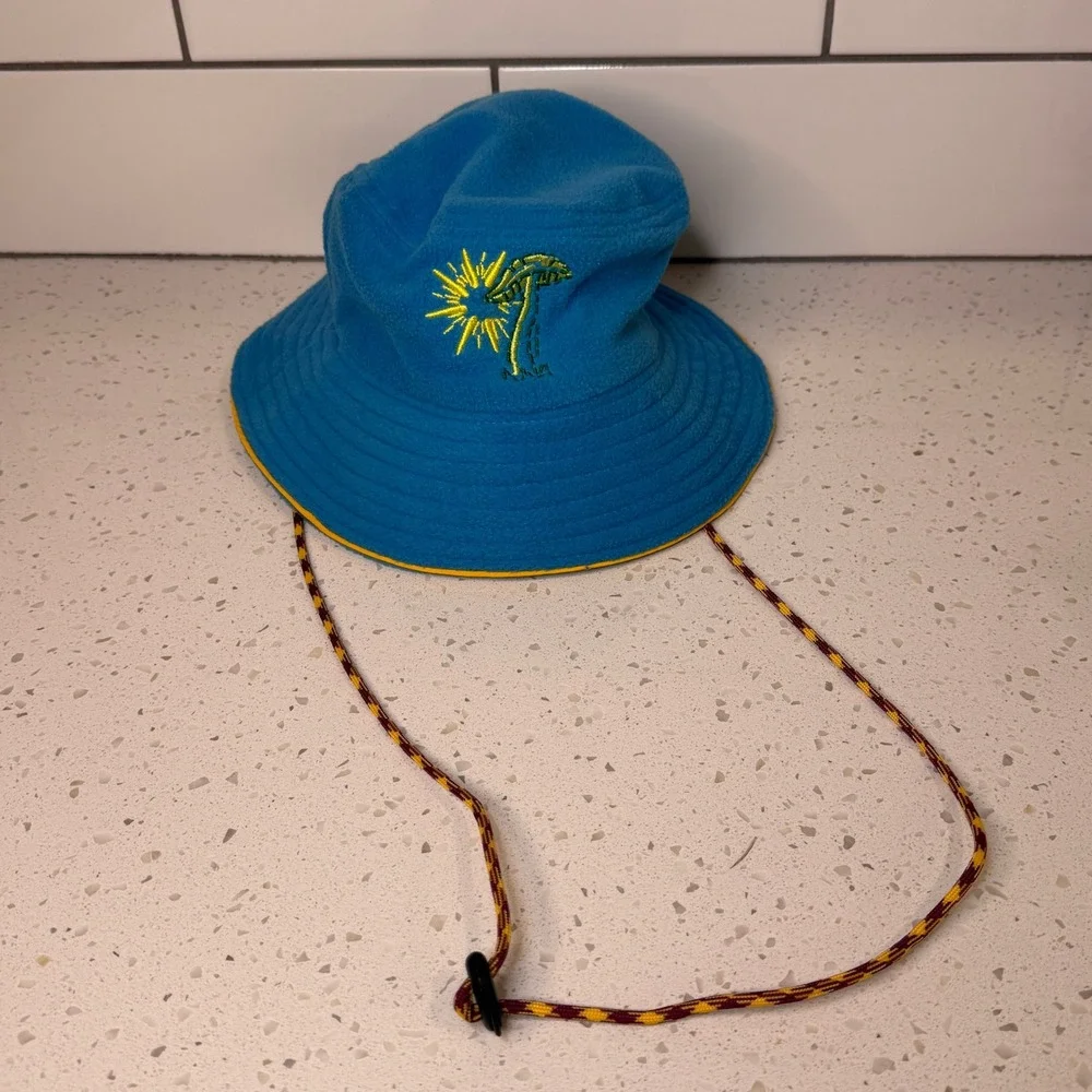 Urban Outfitters Blue Fleece Safari Bucket Hat Palm Tree Embroidered Chin Strap